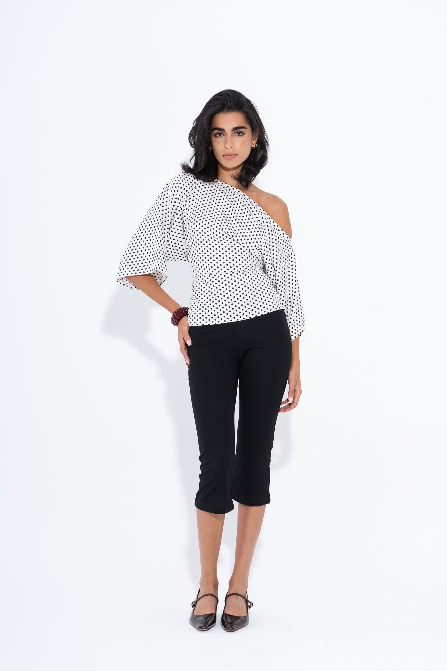 Crepe Polka Dot One-Shoulder Blouse – White