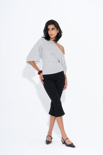 Crepe Polka Dot One-Shoulder Blouse – White