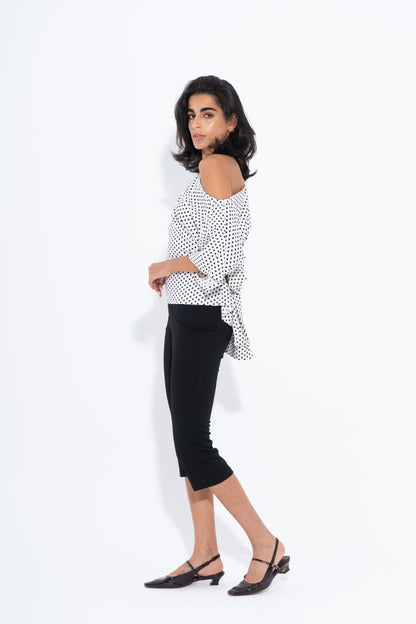 Crepe Polka Dot One-Shoulder Blouse – White