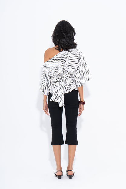 Crepe Polka Dot One-Shoulder Blouse – White