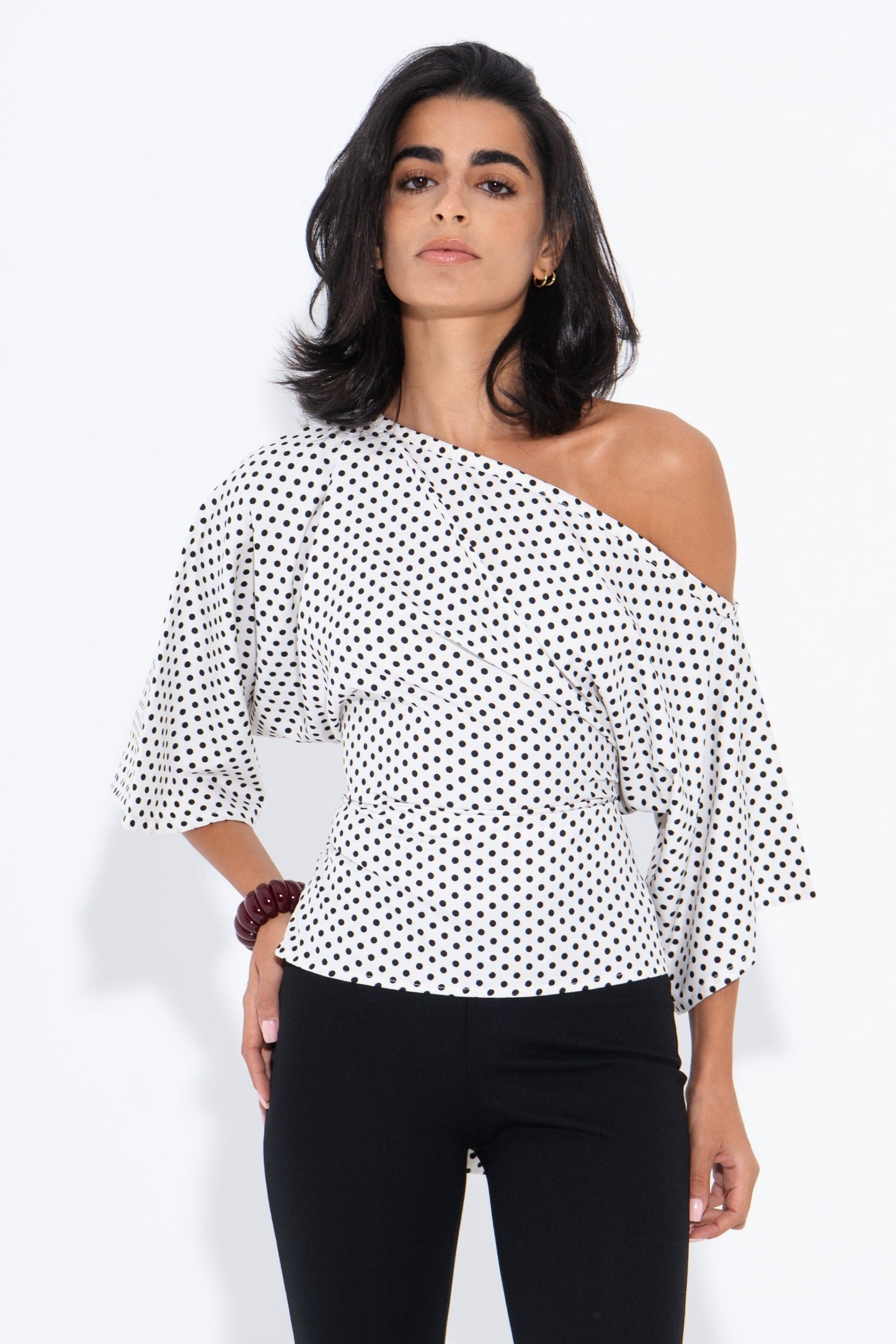 Crepe Polka Dot One-Shoulder Blouse – White