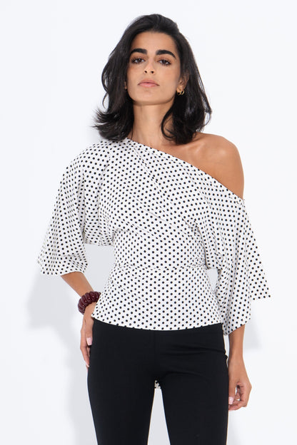 Crepe Polka Dot One-Shoulder Blouse – White