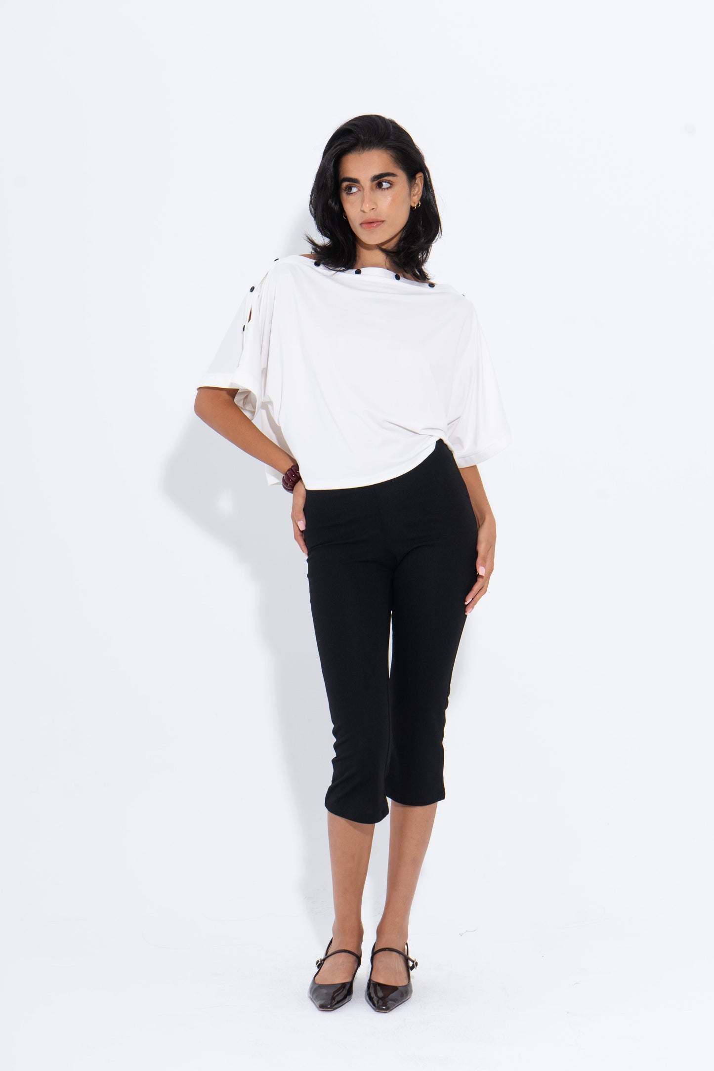 Cotton Lycra Solid Buttoned Shoulder Top – White