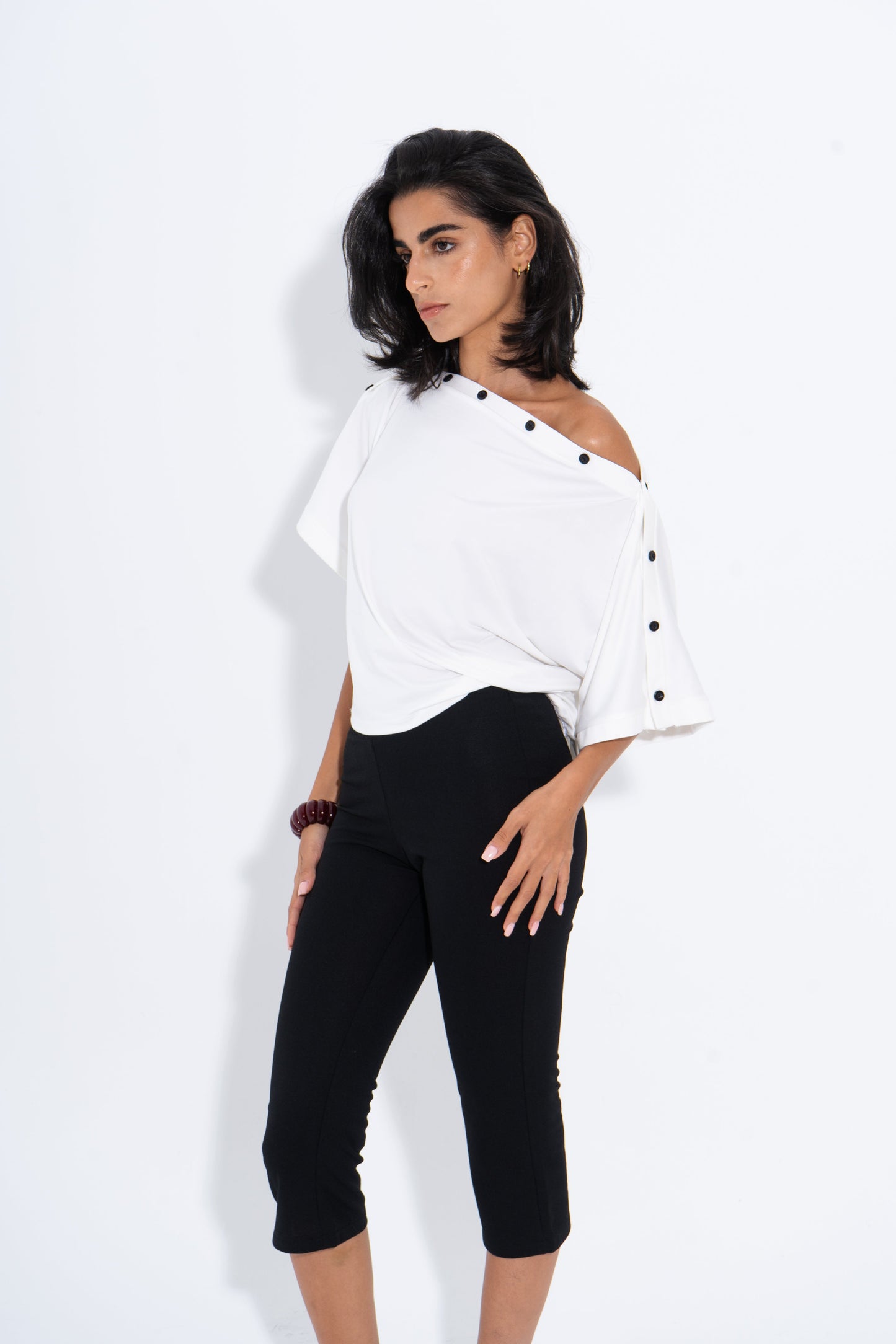 Cotton Lycra Solid Buttoned Shoulder Top – White