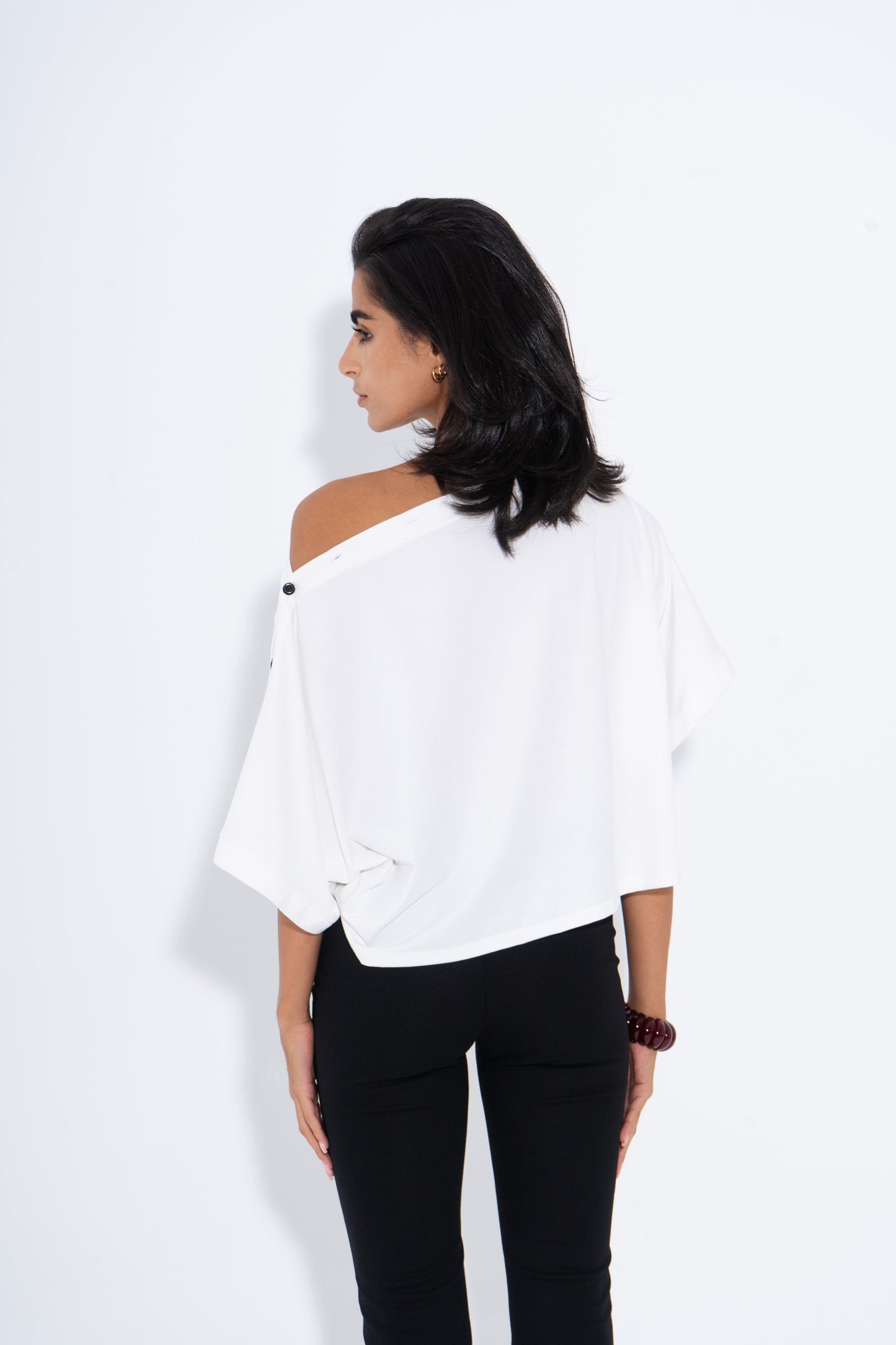 Cotton Lycra Solid Buttoned Shoulder Top – White