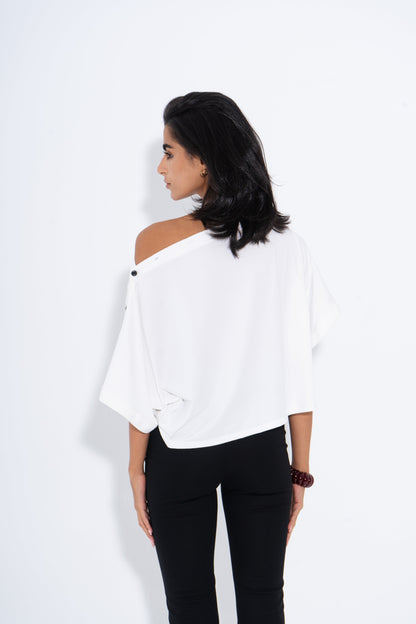 Cotton Lycra Solid Buttoned Shoulder Top – White