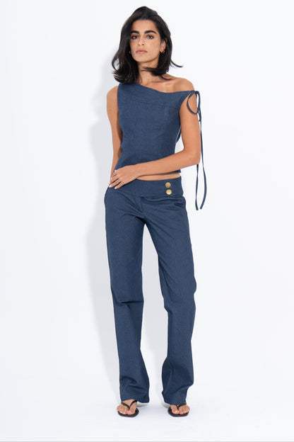 Denim Solid One-Shoulder Corset – Blue
