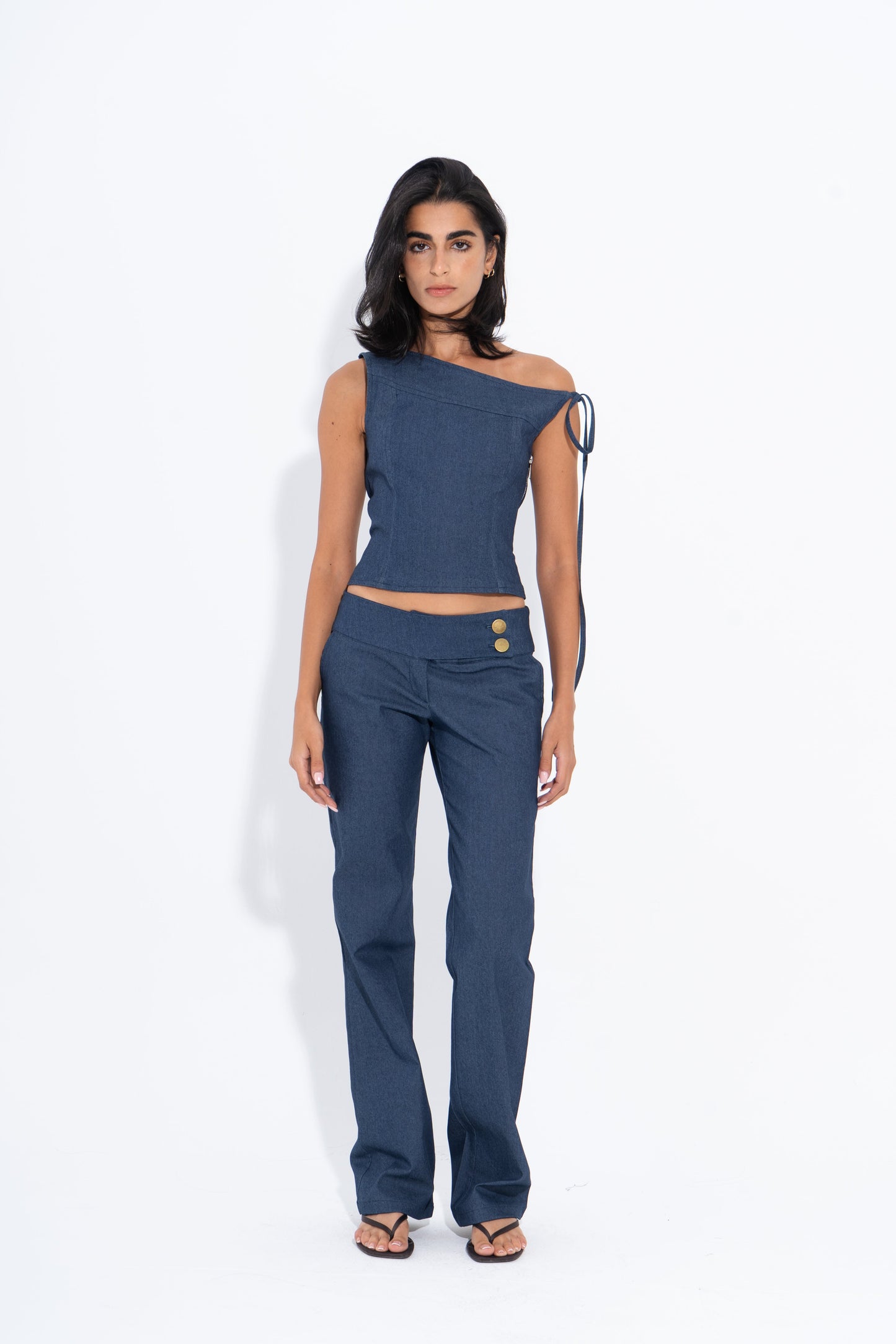 Denim Solid One-Shoulder Corset – Blue
