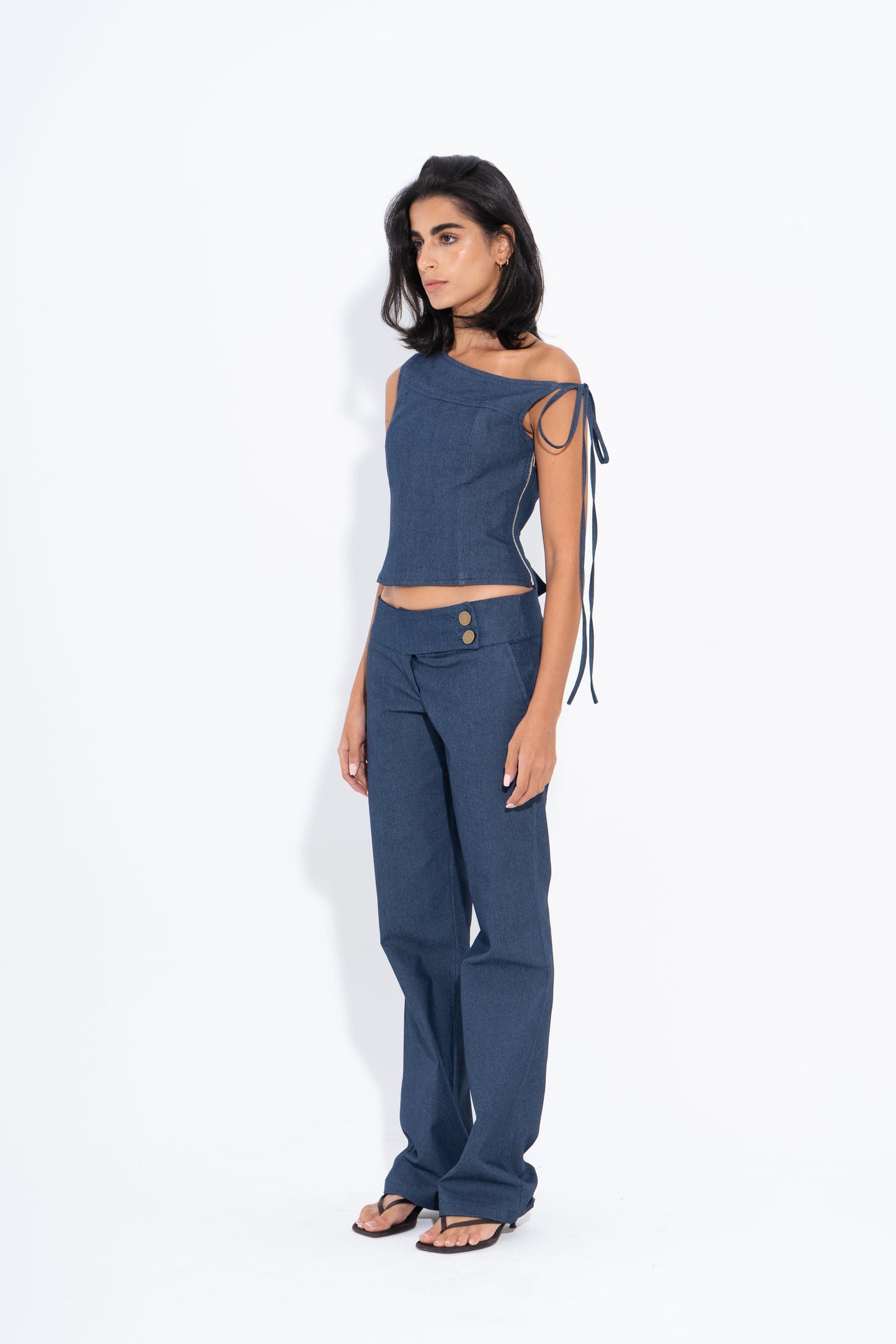 Denim Solid One-Shoulder Corset – Blue