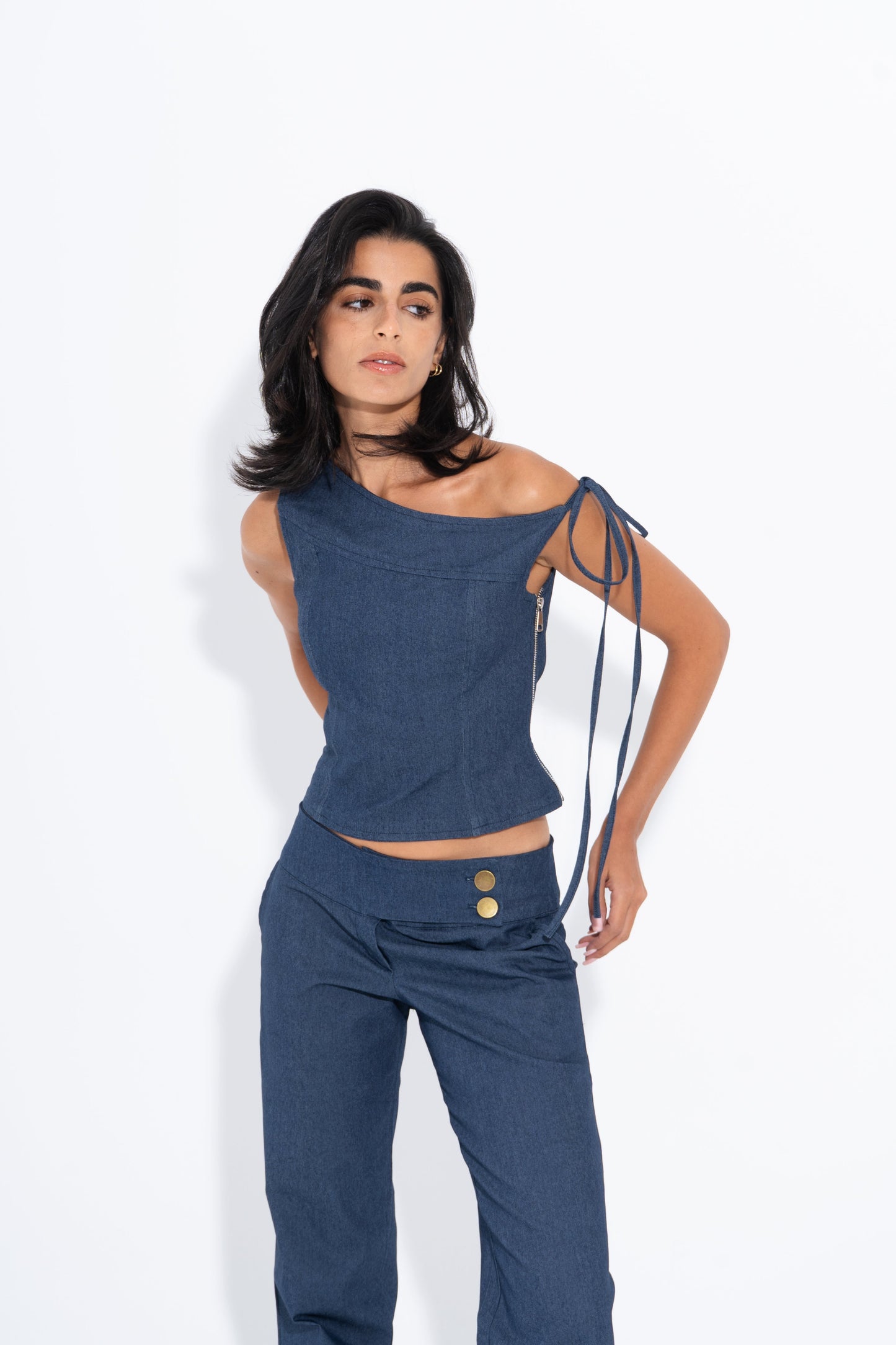 Denim Solid One-Shoulder Corset – Blue