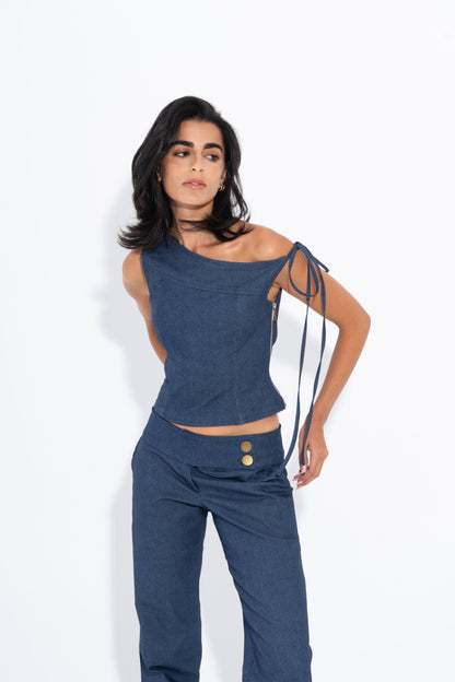 Denim Solid One-Shoulder Corset – Blue