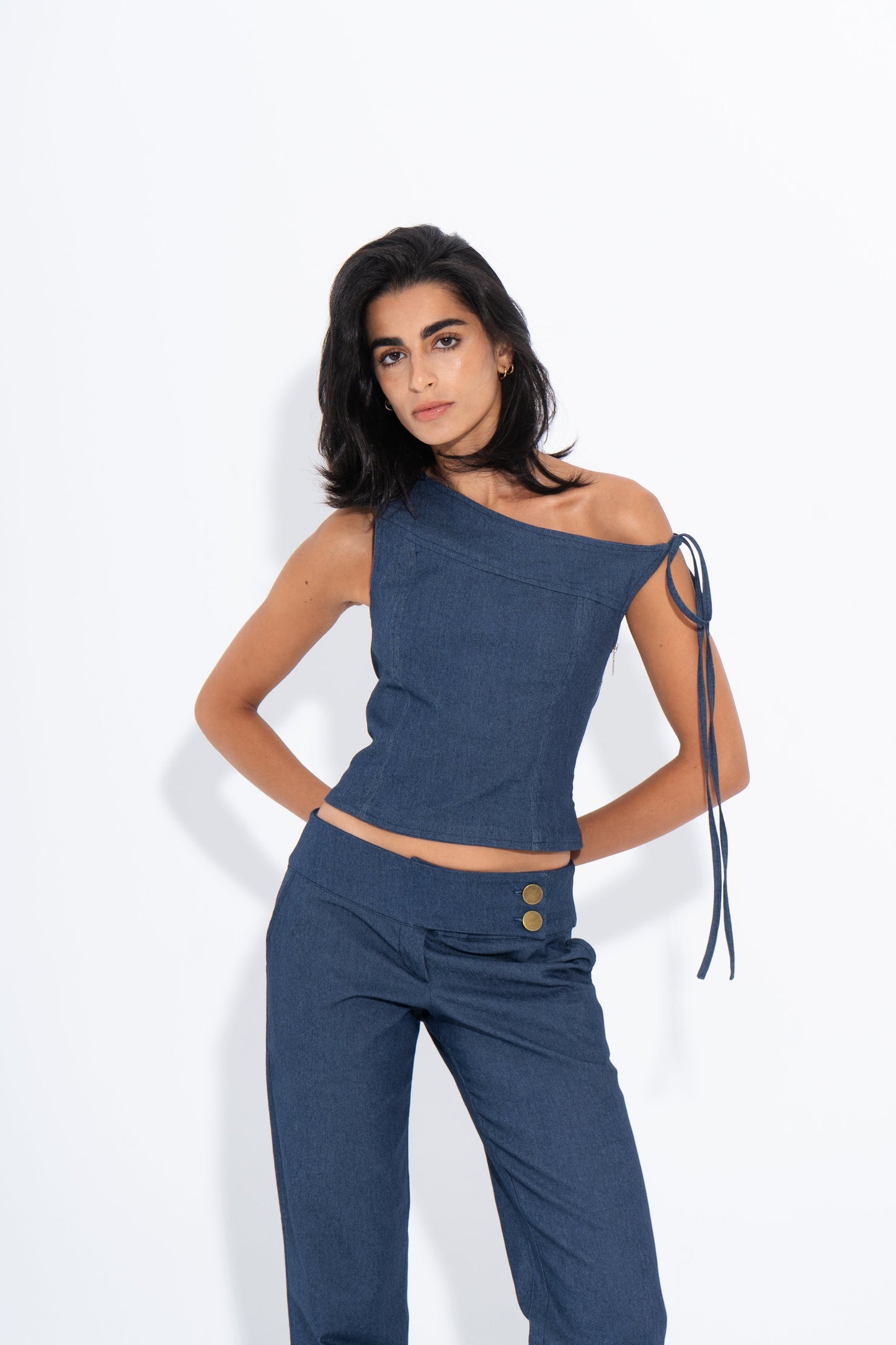 Denim Solid One-Shoulder Corset – Blue