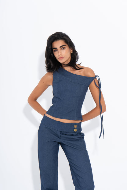 Denim Solid One-Shoulder Corset – Blue