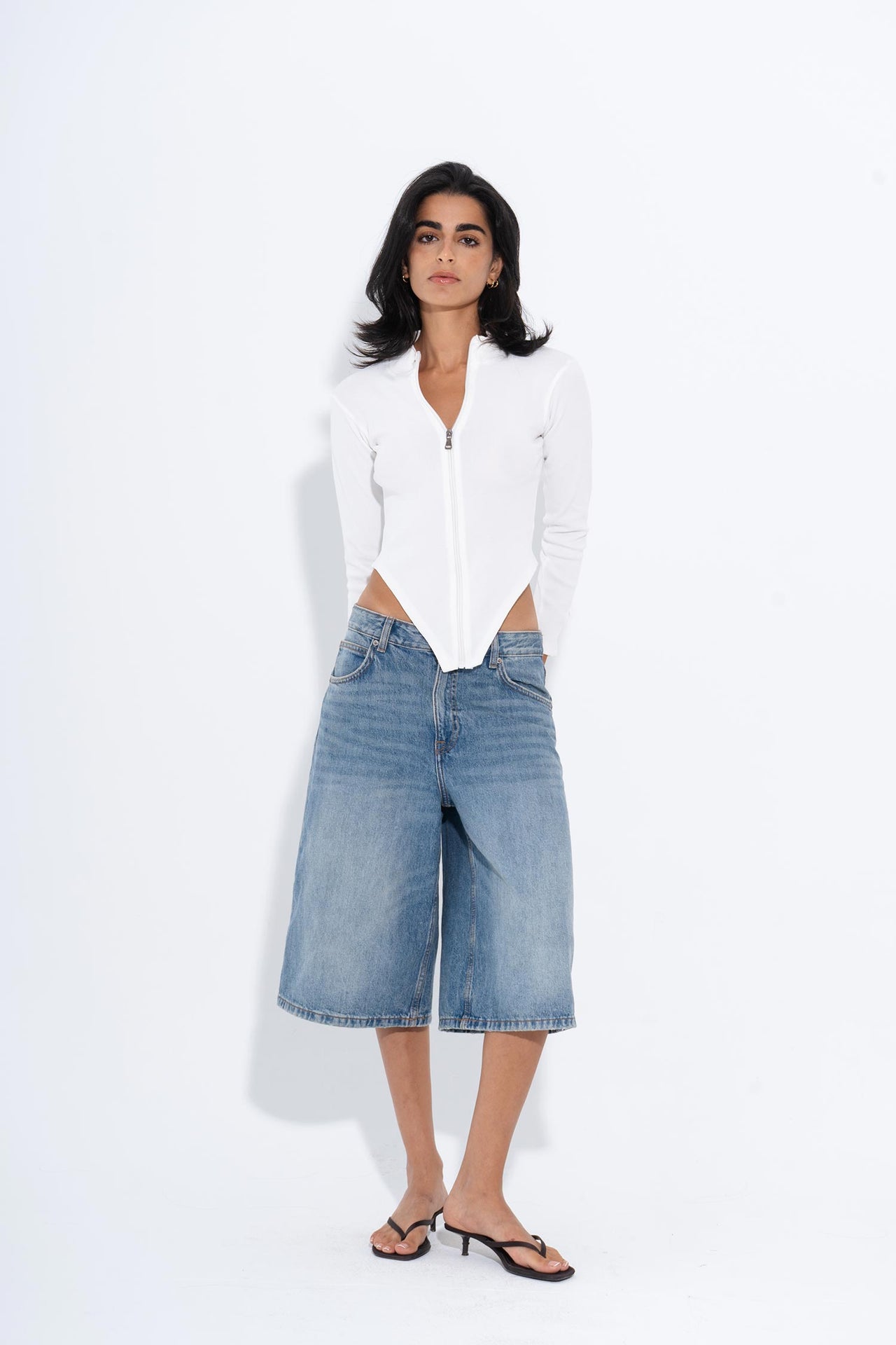 Cotton Ribbed Zip-Up Top – White