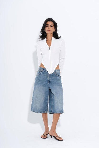 Cotton Ribbed Zip-Up Top – White