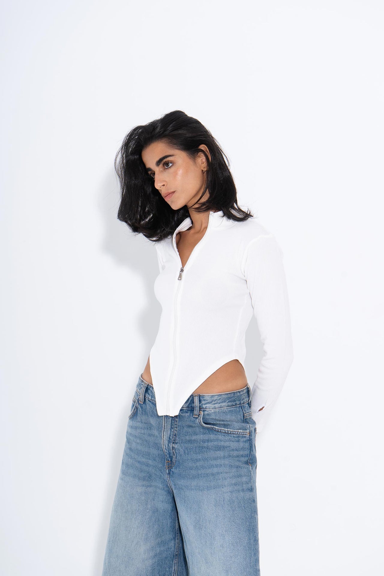 Cotton Ribbed Zip-Up Top – White