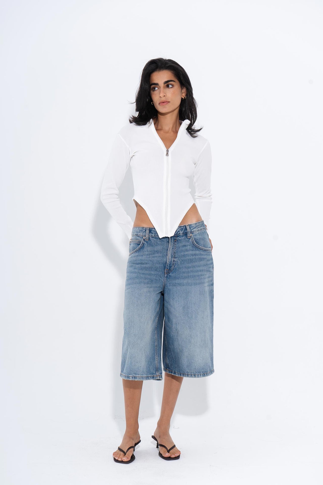 Cotton Ribbed Zip-Up Top – White