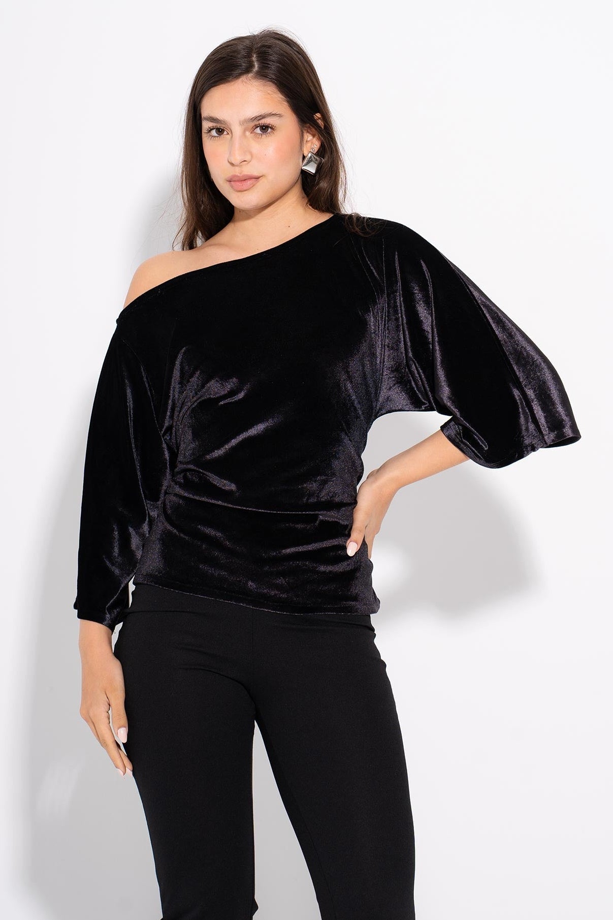 Velvet Plain One Shoulder Top – Black