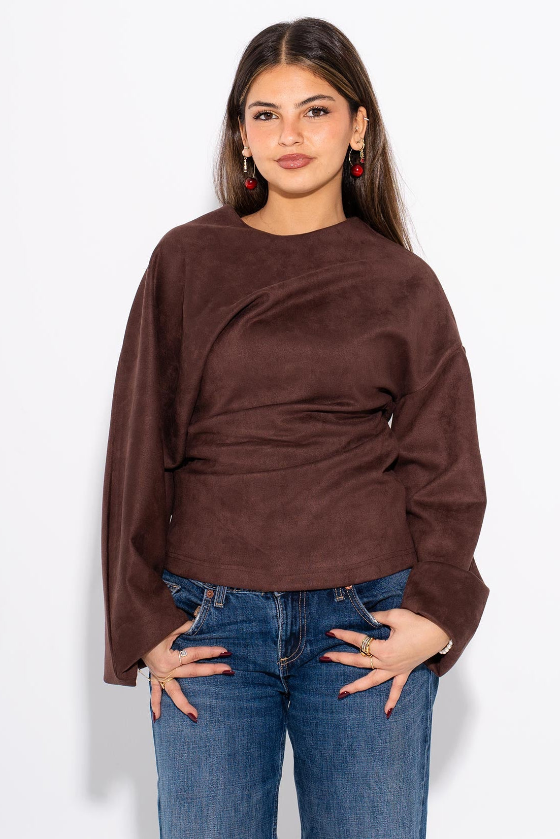 Suede Plain Draped Top – Brown