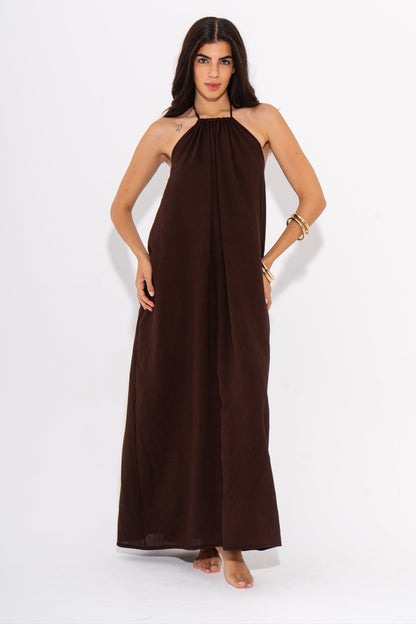 Linen Halter Maxi Flow Dress - Brown
