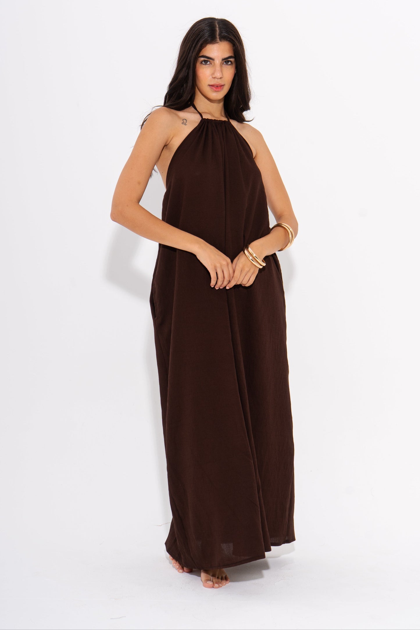 Linen Halter Maxi Flow Dress - Brown