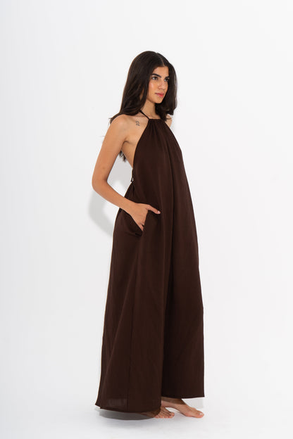Linen Halter Maxi Flow Dress - Brown