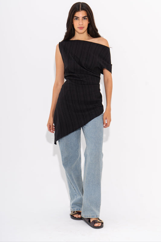 Linen One-Shoulder Top - Black