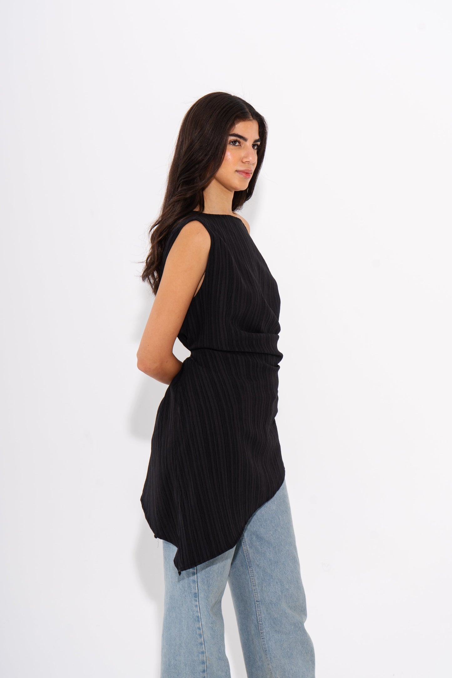 Linen One-Shoulder Top - Black