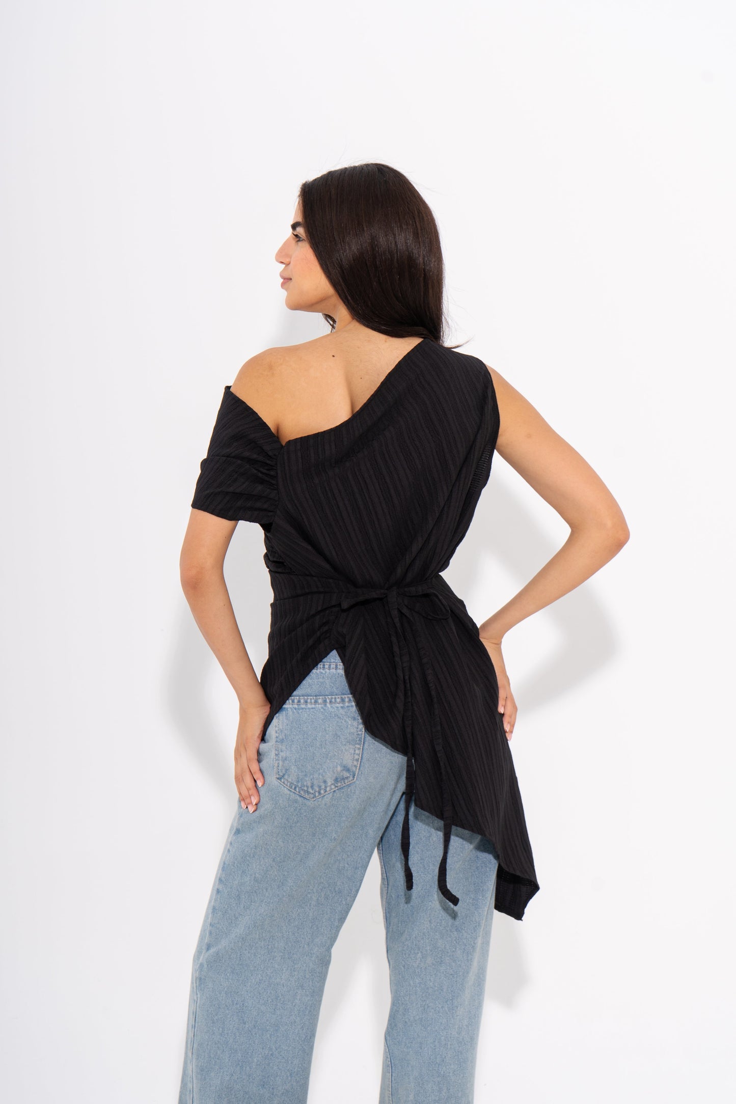 Linen One-Shoulder Top - Black
