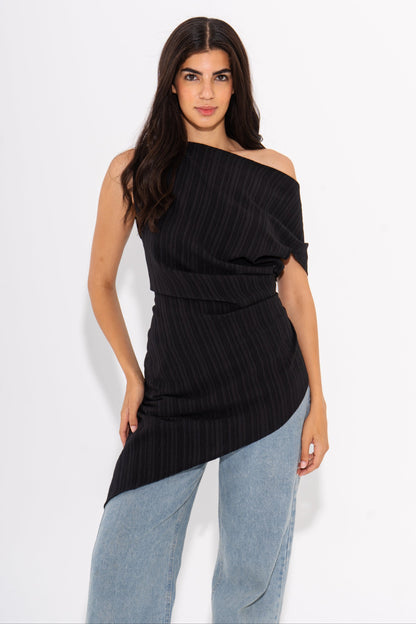 Linen One-Shoulder Top - Black