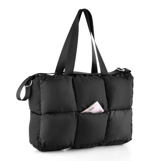 Large Capacity Waterproof Soft Quilted Shoulder Bag - Black