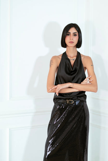 Satin Plain Halter Top – Black