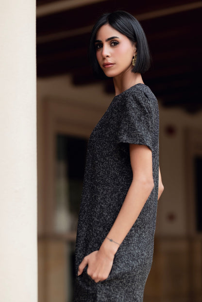 Synthetic Tweed Mini Dress – Black