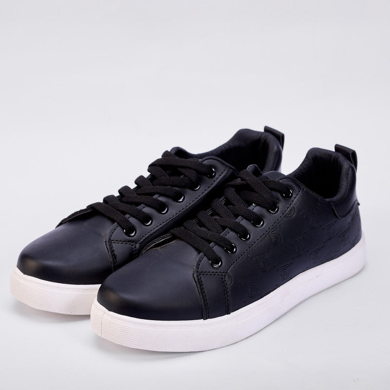 PU Leather Embossed Lace-Up Sneakers – Black