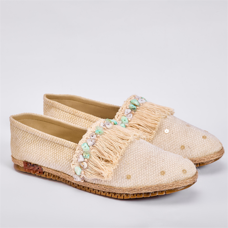 Woven Fabric Embellished Espadrilles – Beige