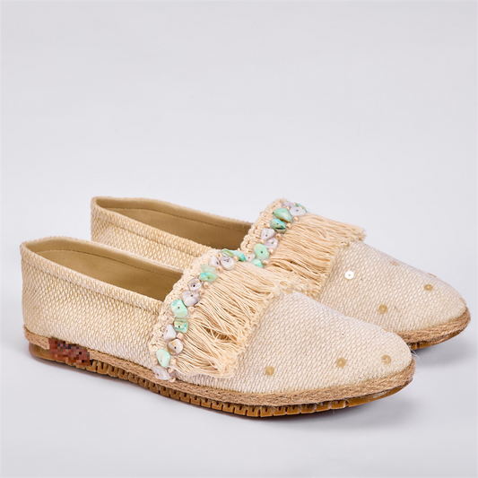 Woven Fabric Embellished Espadrilles – Beige