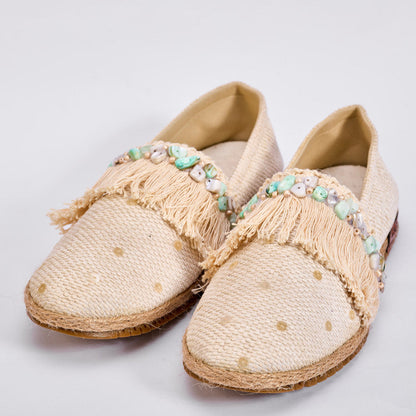 Woven Fabric Embellished Espadrilles – Beige