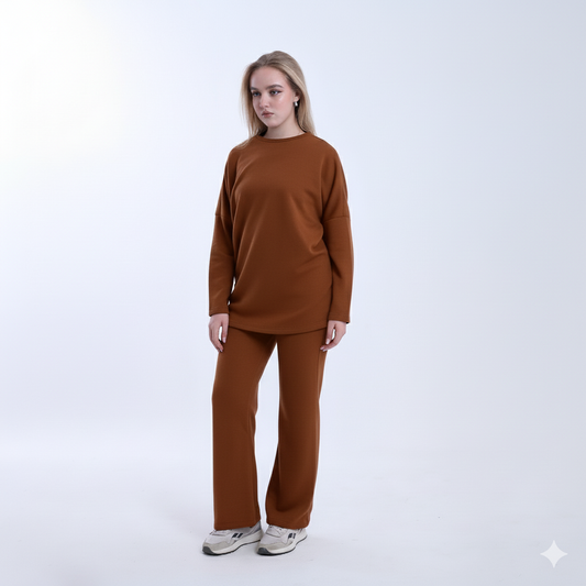 Wool Solid Wide-Leg Set – Brown