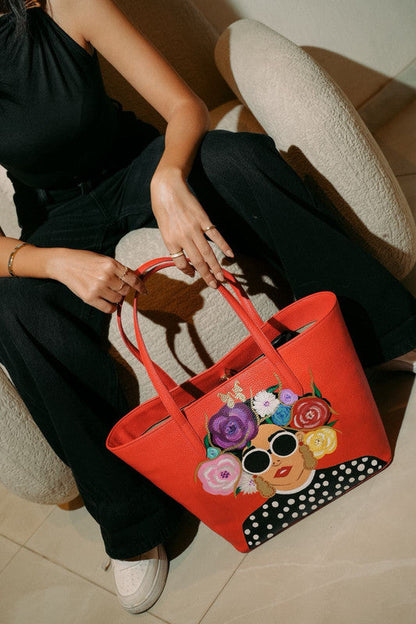 Faux Leather Artistic Face Embellished Shoulder Bag – Red