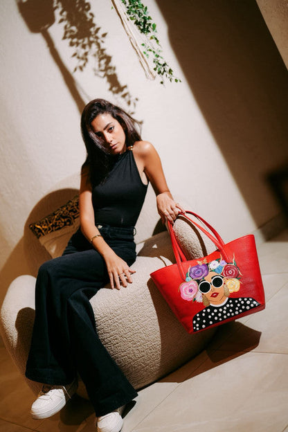 Faux Leather Artistic Face Embellished Shoulder Bag – Red