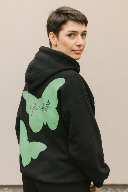 Melton Cotton Butterfly-Print Zip-Up Hoodie – Black