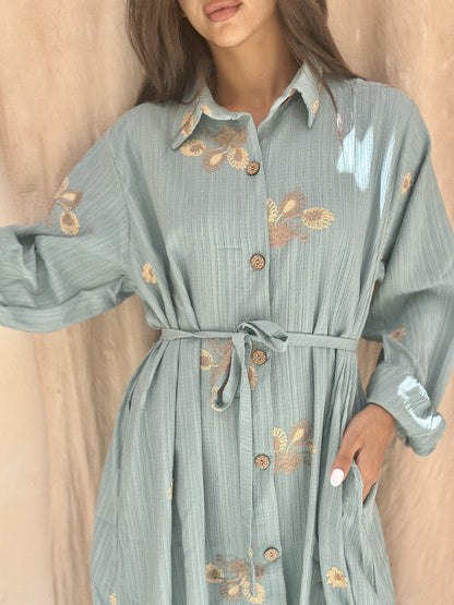Embroidered Linen Shirt Dress – Mint