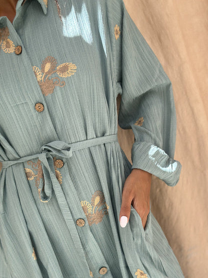 Embroidered Linen Shirt Dress – Mint