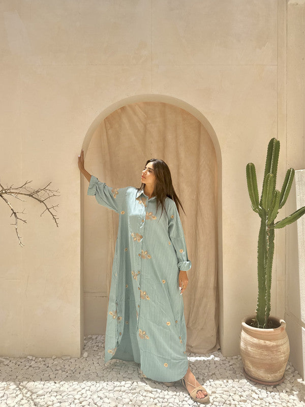Embroidered Linen Shirt Dress – Mint
