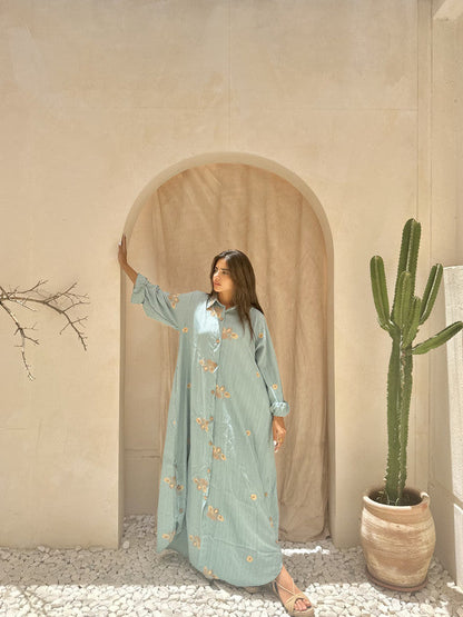 Embroidered Linen Shirt Dress – Mint
