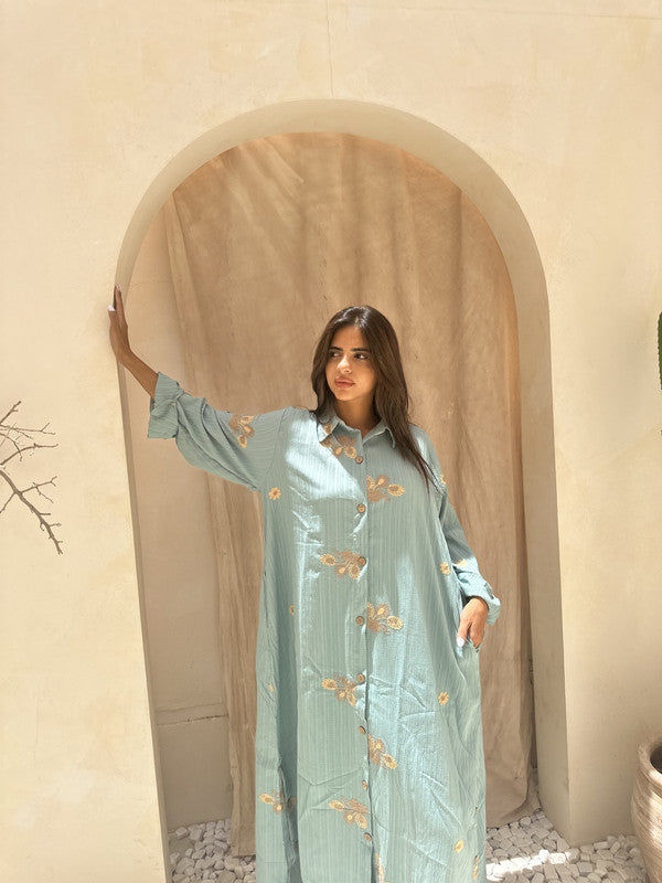 Embroidered Linen Shirt Dress – Mint