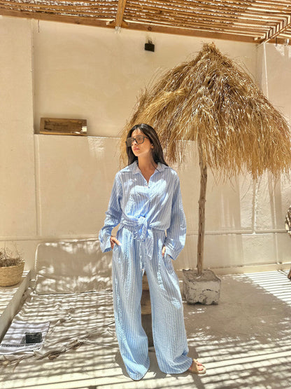 Crinkle Linen Striped Set - Light Blue