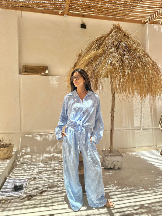 Crinkle Linen Striped Set - Light Blue