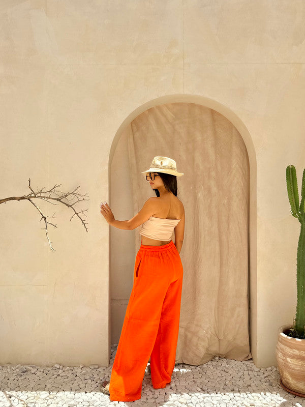 Crinkle Cotton Solid Pants – Orange