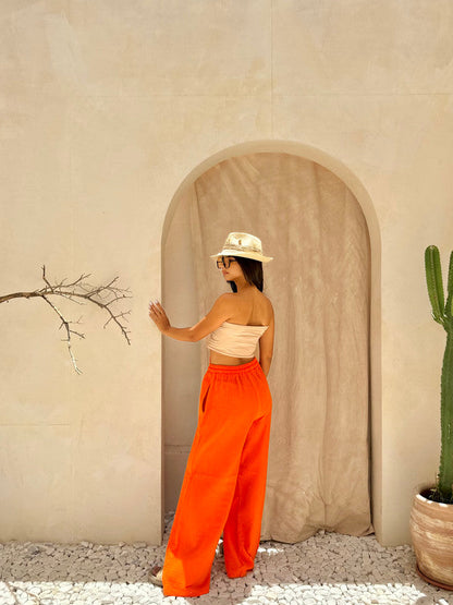 Crinkle Cotton Solid Pants – Orange